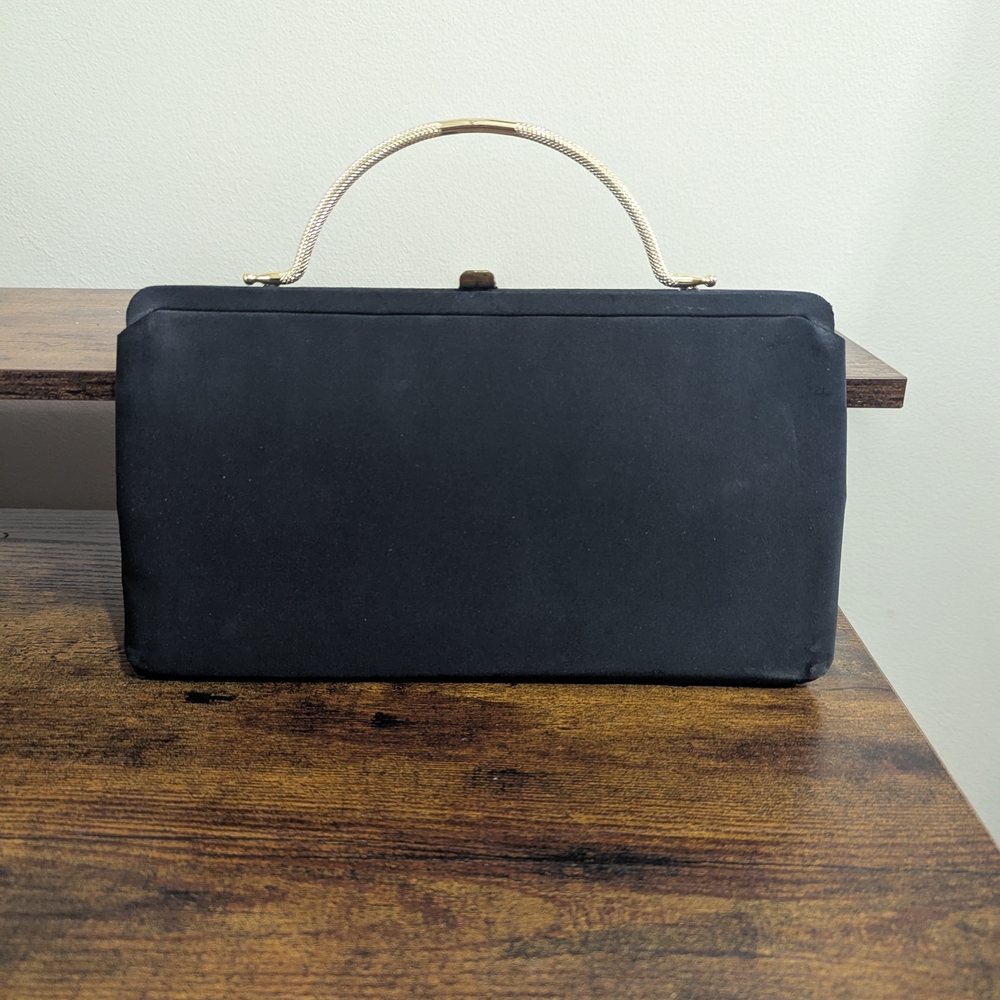 Vintage After Five Black Satin Evening Bag Clutch w Coin Purse Gold Lining 1950s